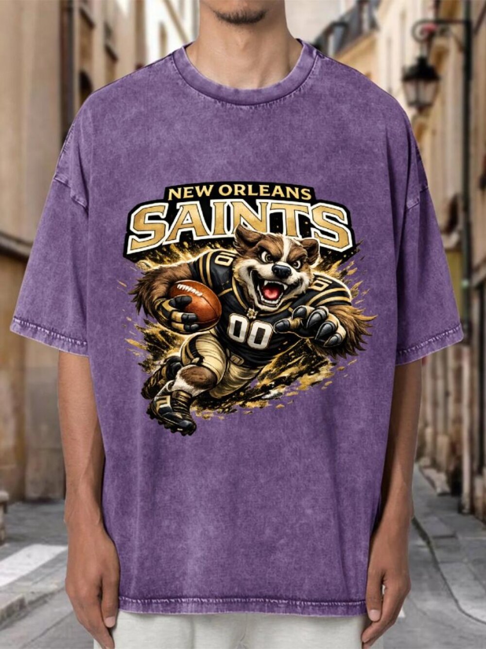New Orleans Saints Mascot NFL Purple Mineral Wash Oversized Tee M2LXOT7UJS04